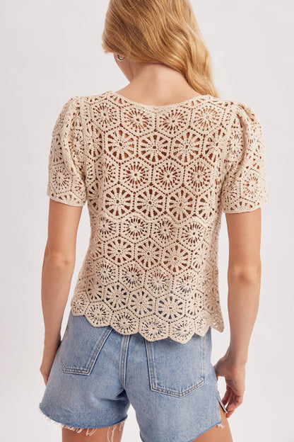 Dionne Short Sleeve Button Down Floral Crochet Knit Top Natural