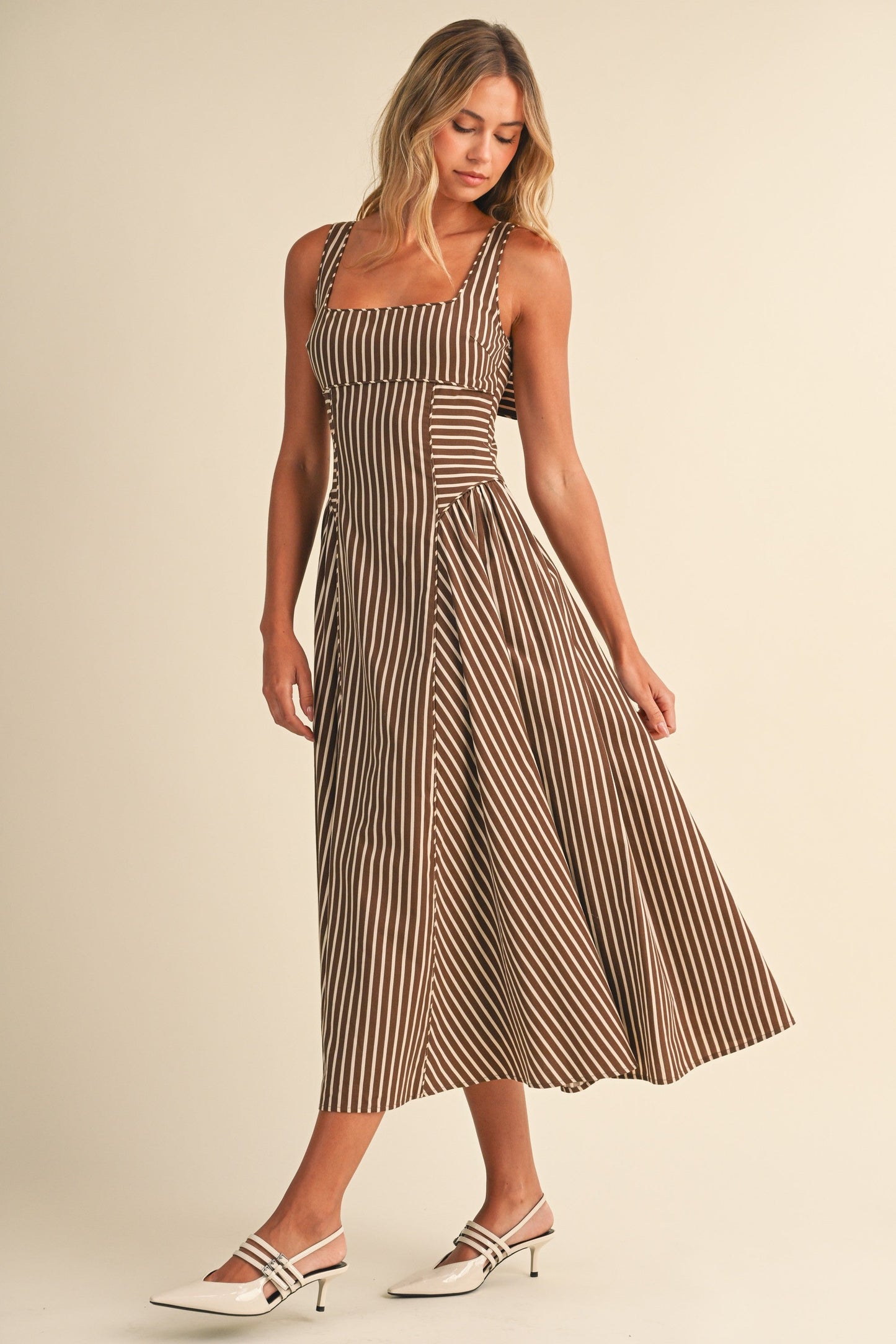 Waitlist 7/8 • Britton Sleeveless Large Back Buckle Stripe Print Midi Dress Brown