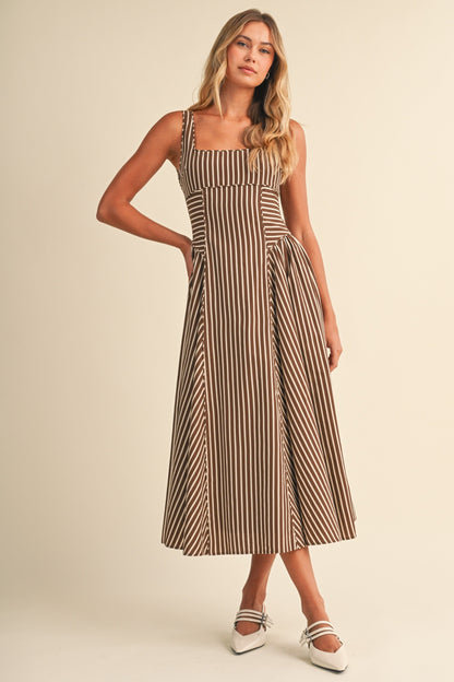 Waitlist 7/8 • Britton Sleeveless Large Back Buckle Stripe Print Midi Dress Brown
