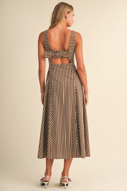 Waitlist 7/8 • Britton Sleeveless Large Back Buckle Stripe Print Midi Dress Brown