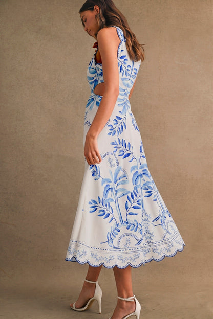 Gianna Sleeveless Cut Out Pretty Botanical Print Midi Dress Blue