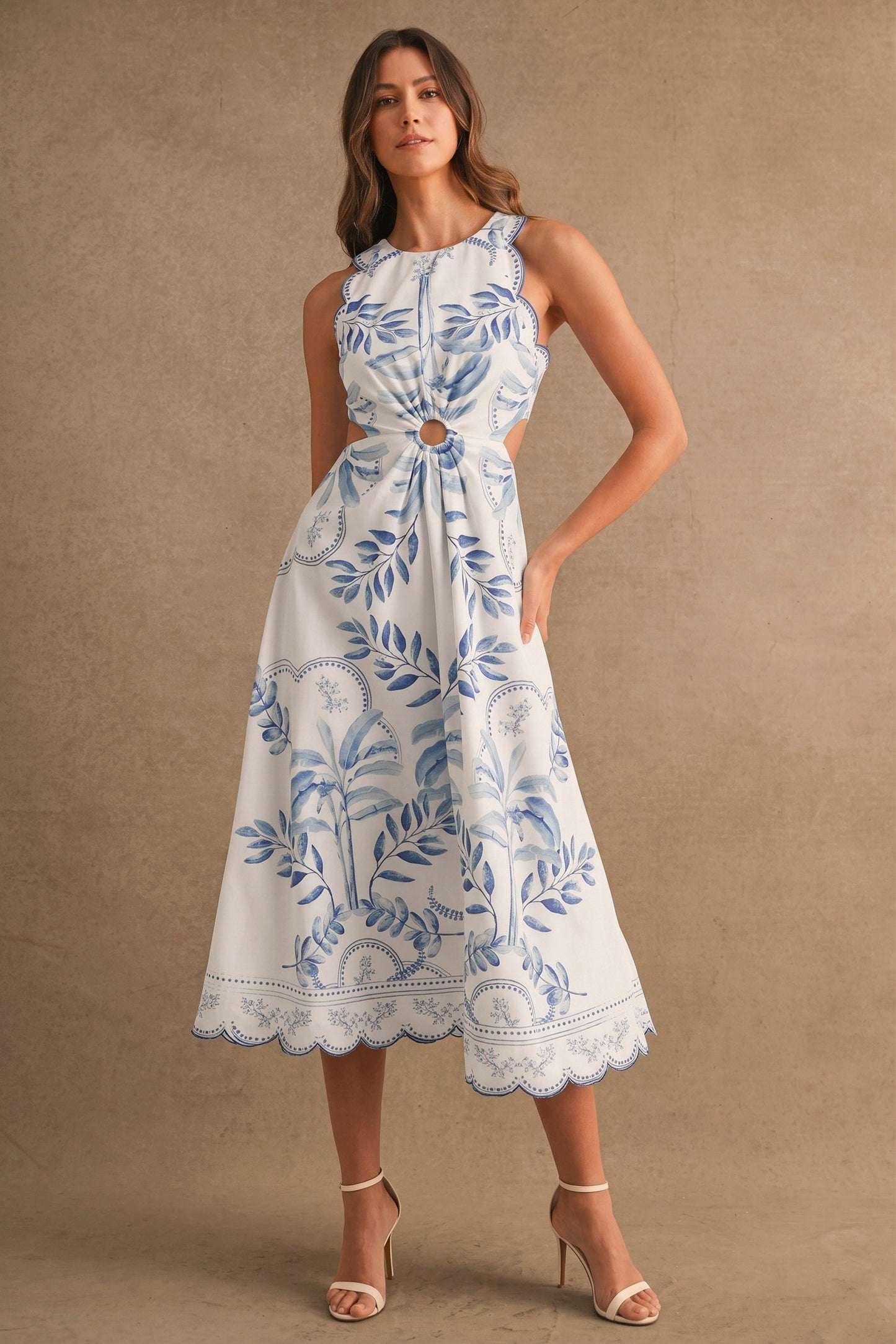 Gianna Sleeveless Cut Out Pretty Botanical Print Midi Dress Blue