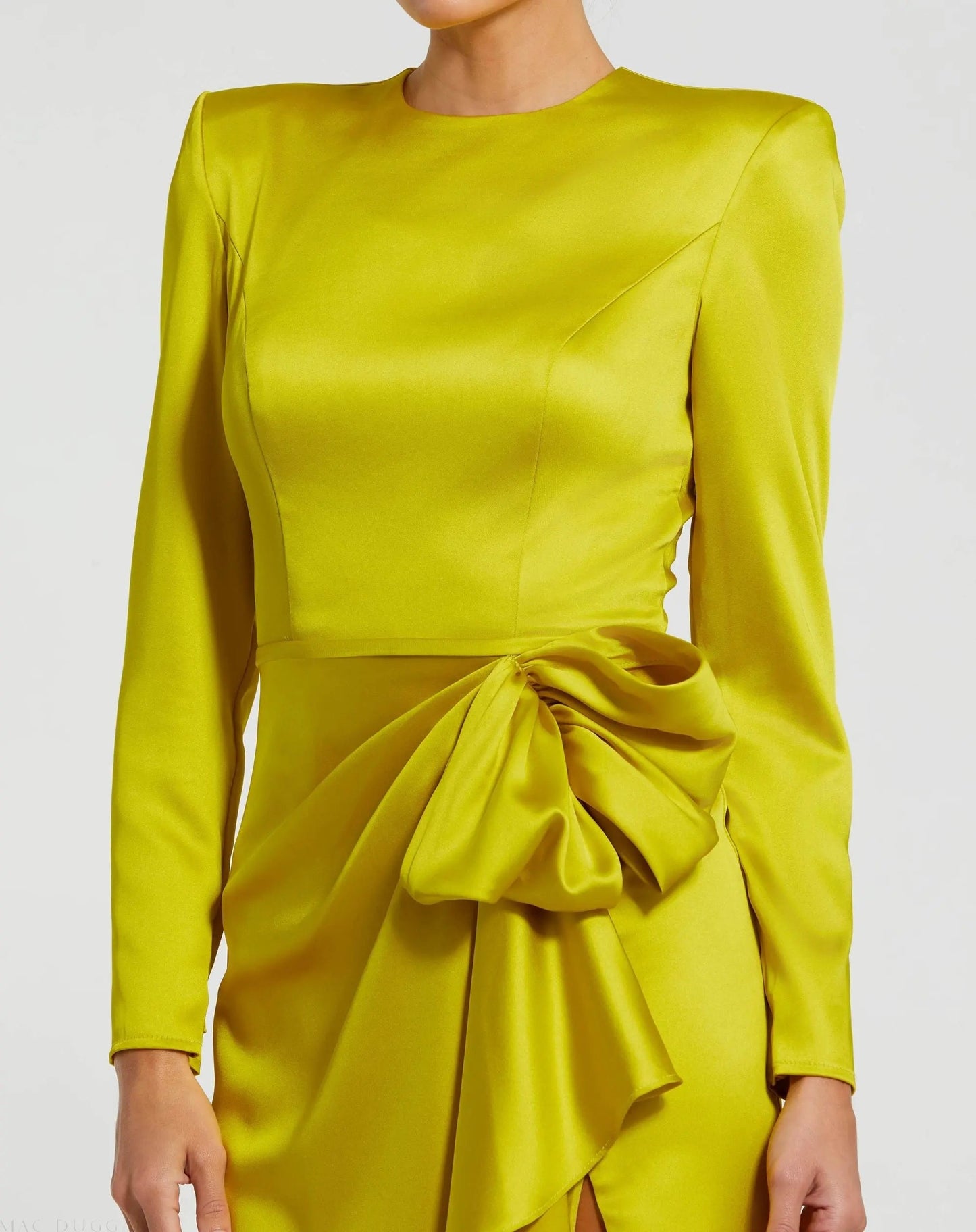 Green Long Sleeve Satin Structured Bow Draped Column Gown