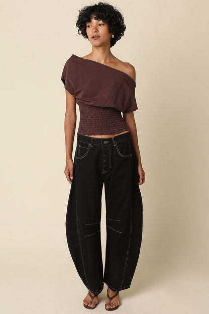 Waitlist 7/20 • Annalise Off The Shoulder Stylish Smocked Top Brown