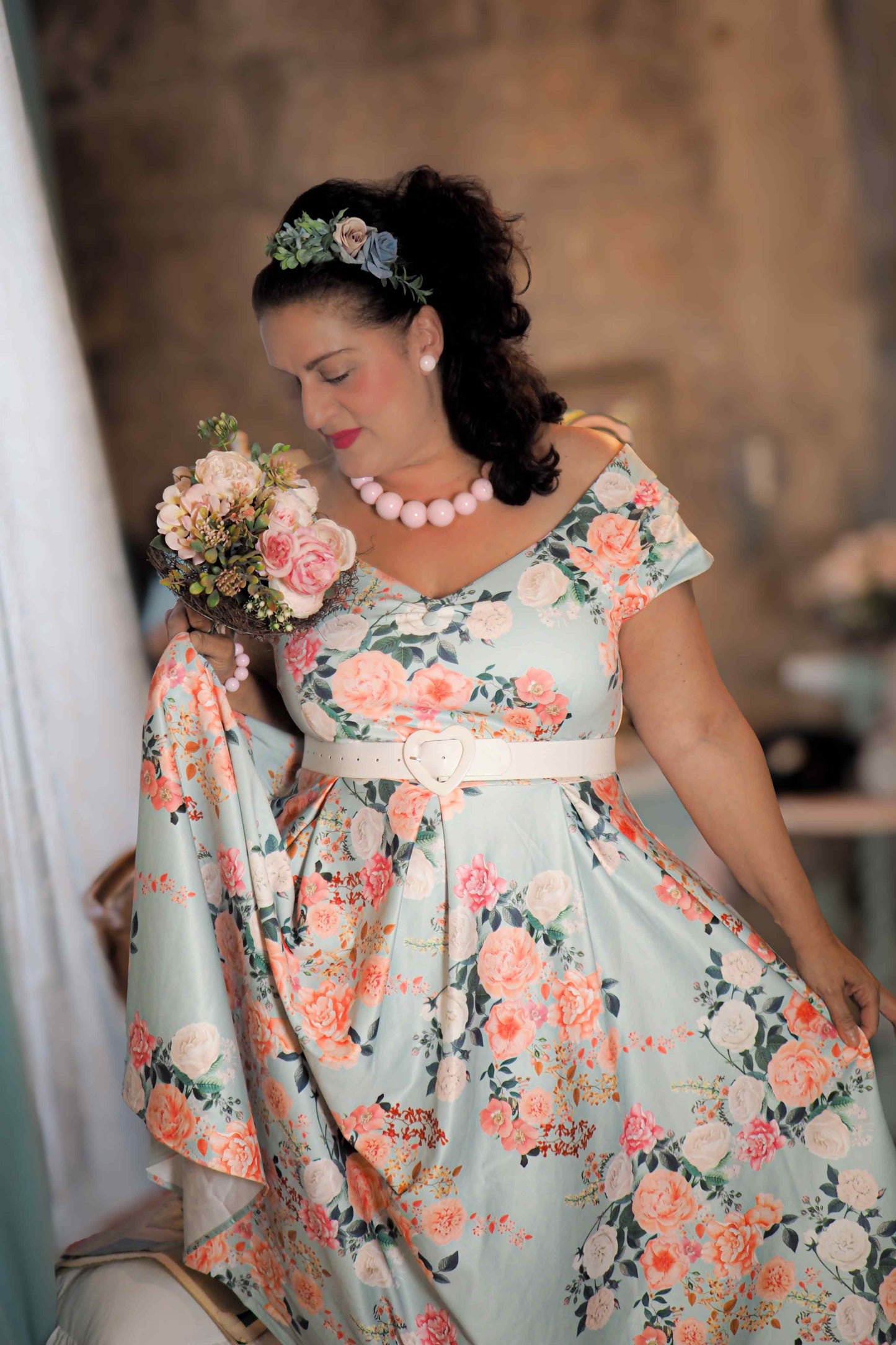 Lily 50s Style Floral Off Shoulder Dress In Mint