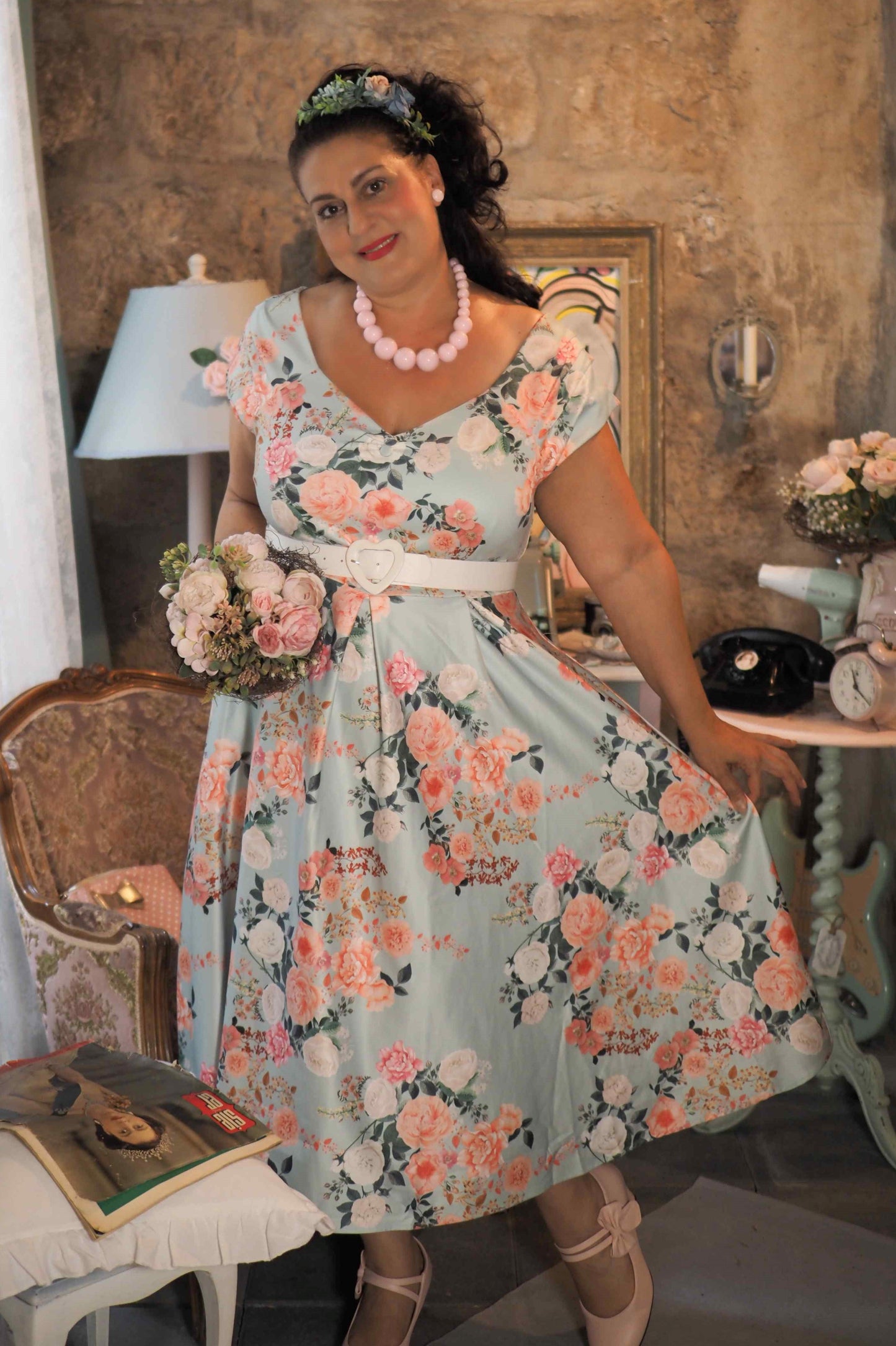 Lily 50s Style Floral Off Shoulder Dress In Mint