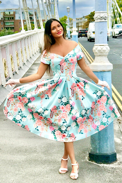 Lily 50s Style Floral Off Shoulder Dress In Mint