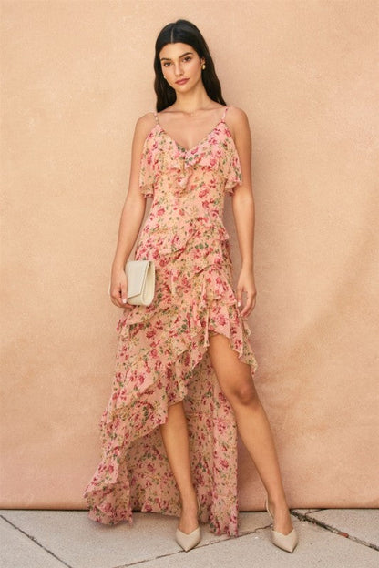 Cypress Sleeveless Asymmetrical Open Back Floral Print Maxi Dress Pink