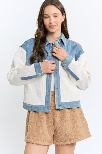 Waitlist 8/25 • Vespera Long Sleeve Cable Knit Denim Trim One Size Shacket Cream Ivory