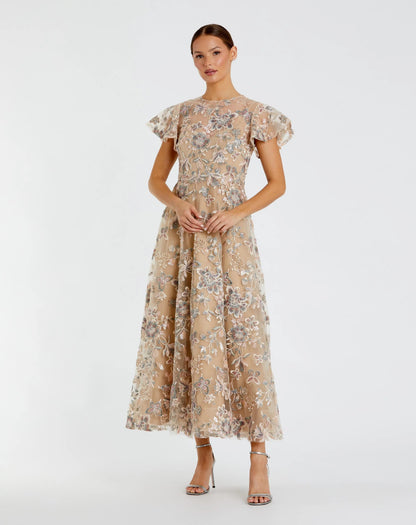 Beige Flutter Sleeve Butterfly Embroidered Maxi Dress