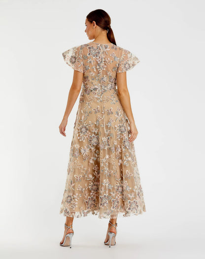 Beige Flutter Sleeve Butterfly Embroidered Maxi Dress