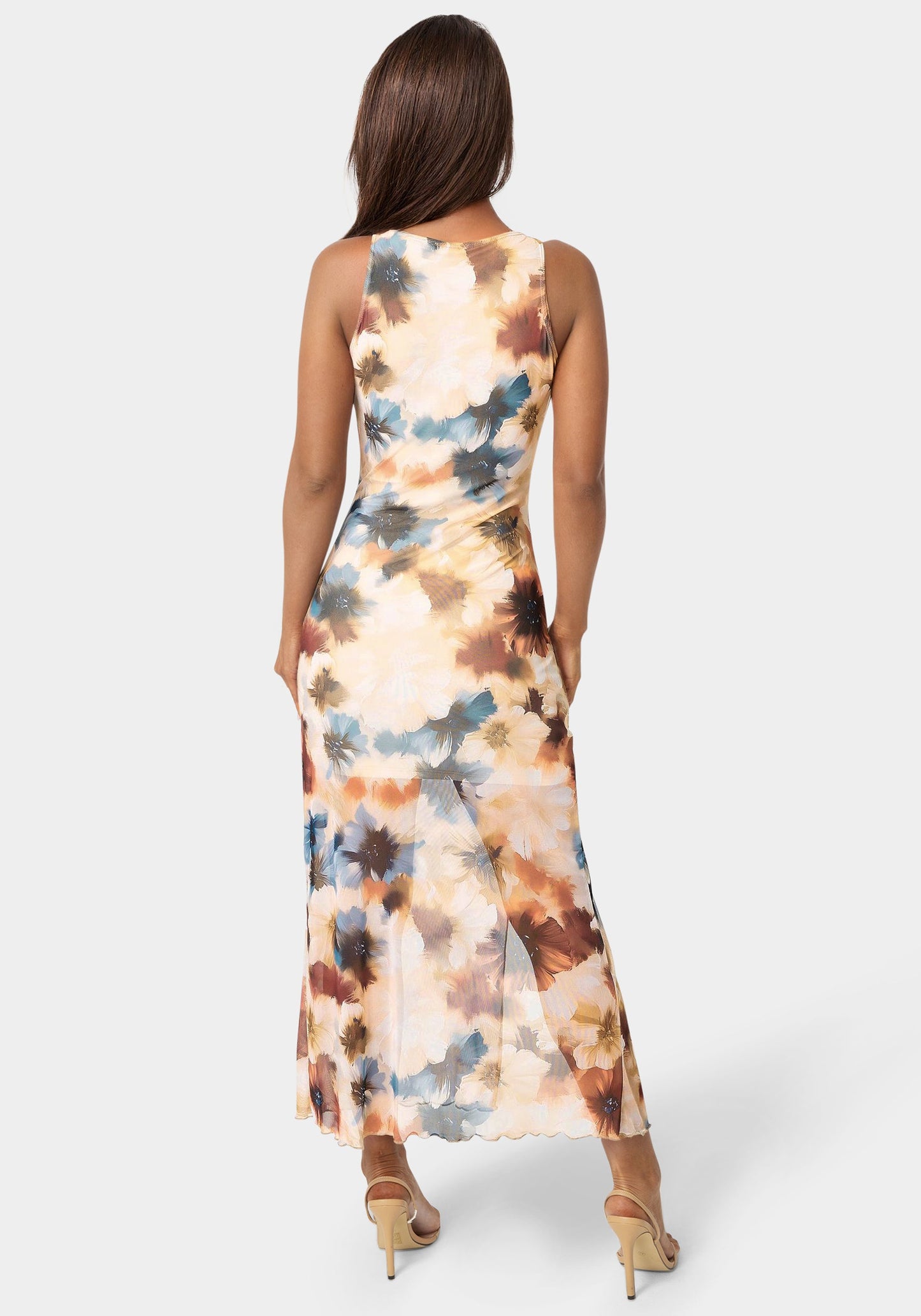 Printed Powermesh Side Shirred Maxi Dress
