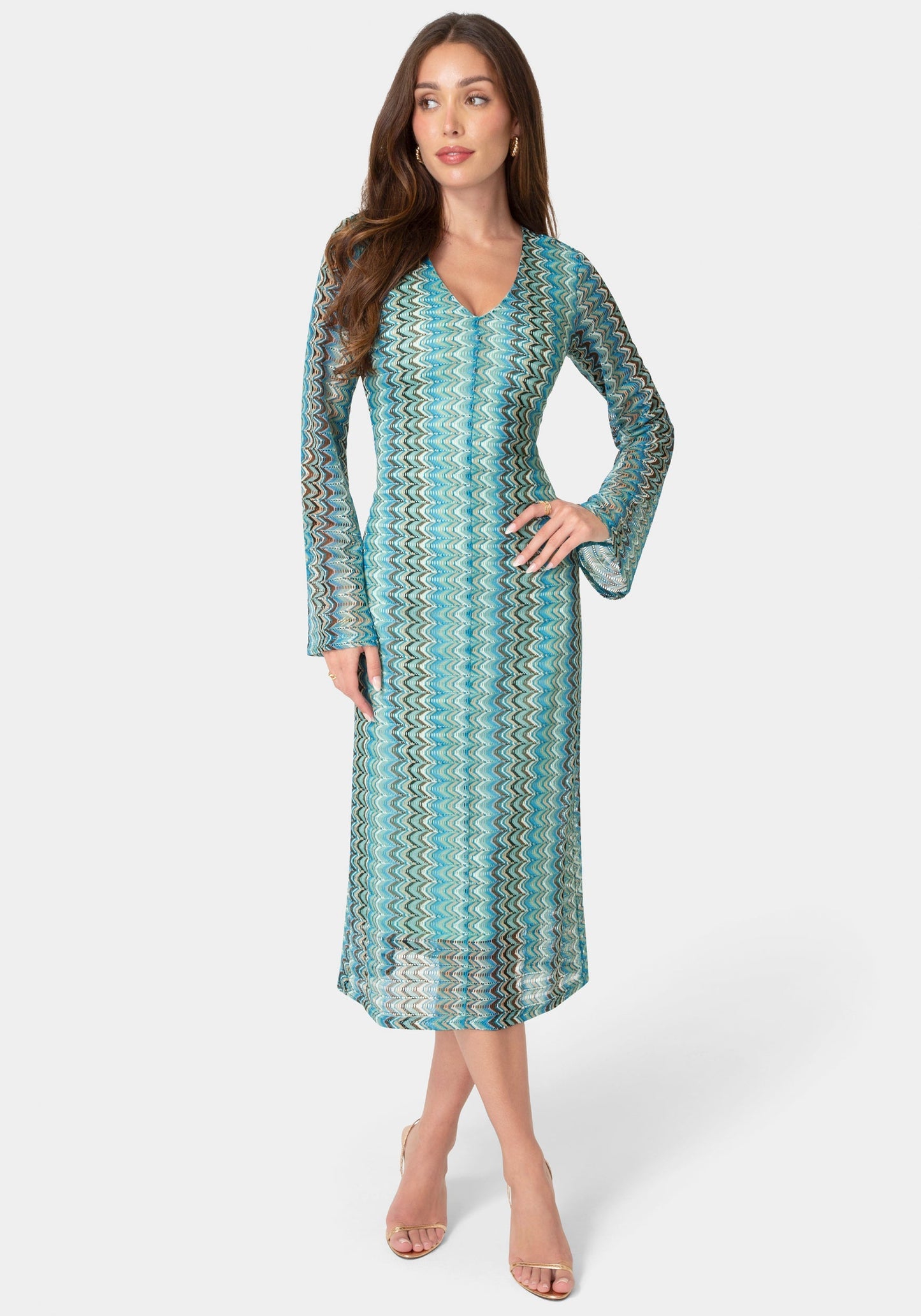 Crochet Stripe Bell Sleeve Maxi Dress