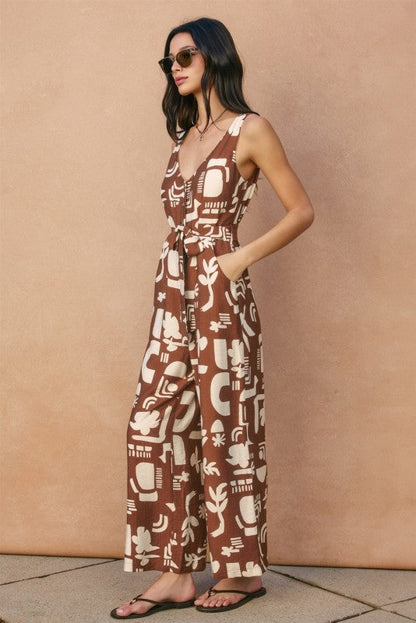 Clover Sleeveless Waist Tie Button Front Abstract Print Wide Leg Jumpsuit Brown