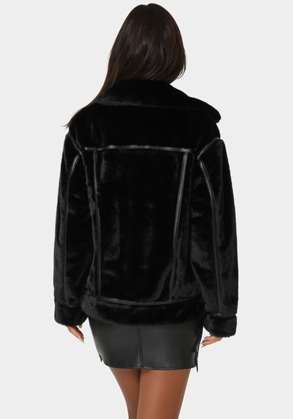 Vegan Leather Trim Faux Fur Jacket