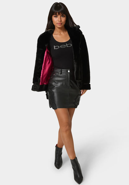 Vegan Leather Trim Faux Fur Jacket