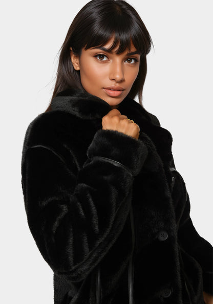 Vegan Leather Trim Faux Fur Jacket