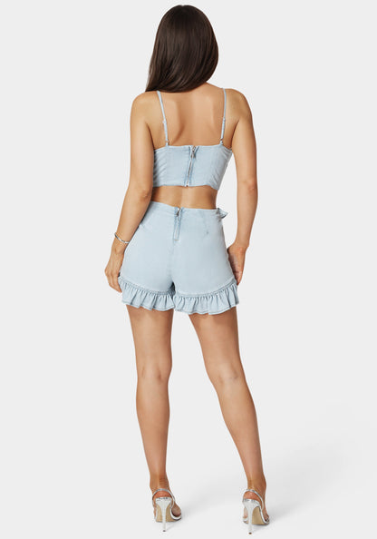Ruffled V Neck Denim Romper