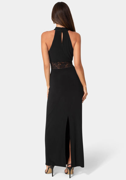 Jersey Halter Maxi Dress with Lace Inset