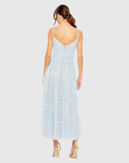 Blue Ruffle Floral Embroidered Detail Midi Dress