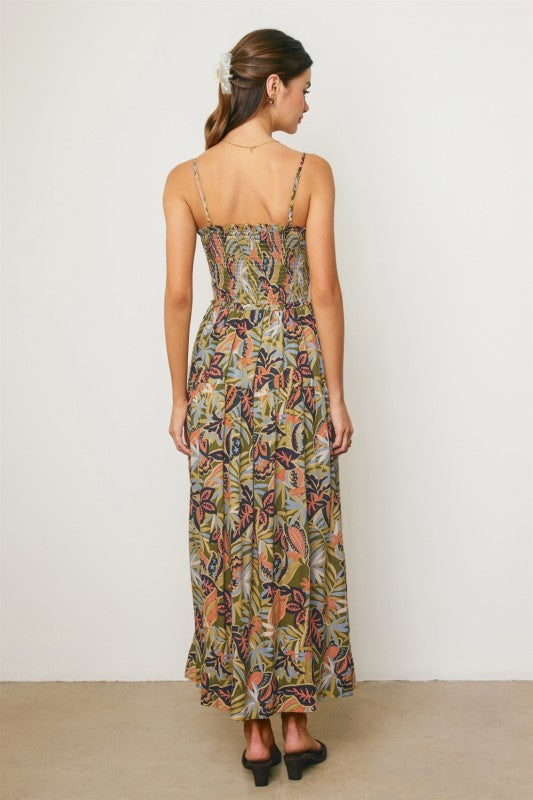 Fawn Sleeveless Cut Out Tropical Print Maxi Dress Green