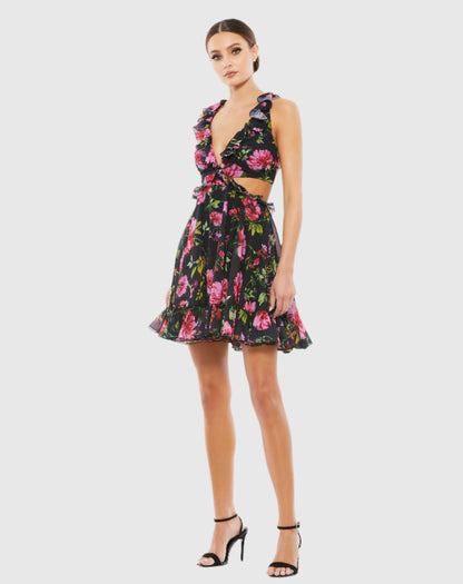 Black Ruffle Cut Out Lace Up Flowy Mini Dress