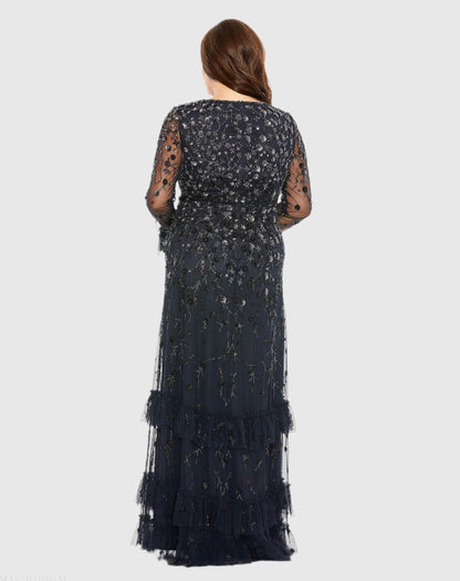 Navy V-Neck Embellished Long Flutter Sleeve Gown