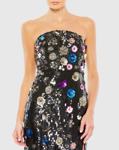 Black Floral Embellished Strapless Column Gown