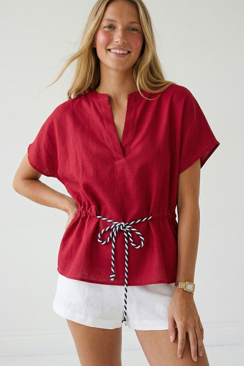 Oakley Short Sleeve Rope Tie Waist Top Red