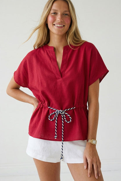 Oakley Short Sleeve Rope Tie Waist Top Red