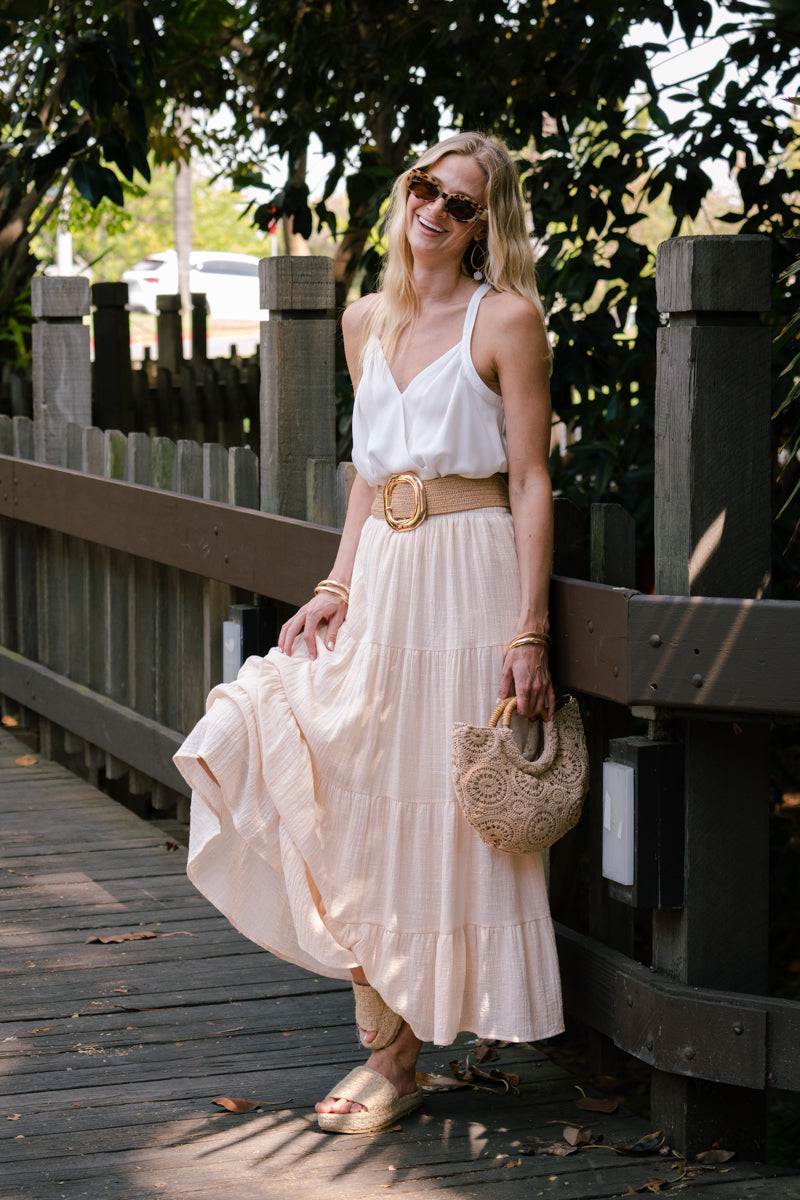 Georgiana Gold Circular Buckle Straw Waist Belt Beige