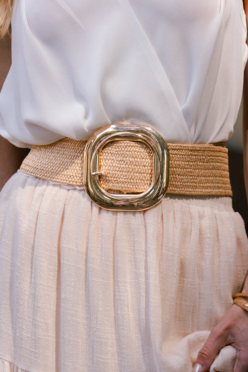 Georgiana Gold Circular Buckle Straw Waist Belt Beige