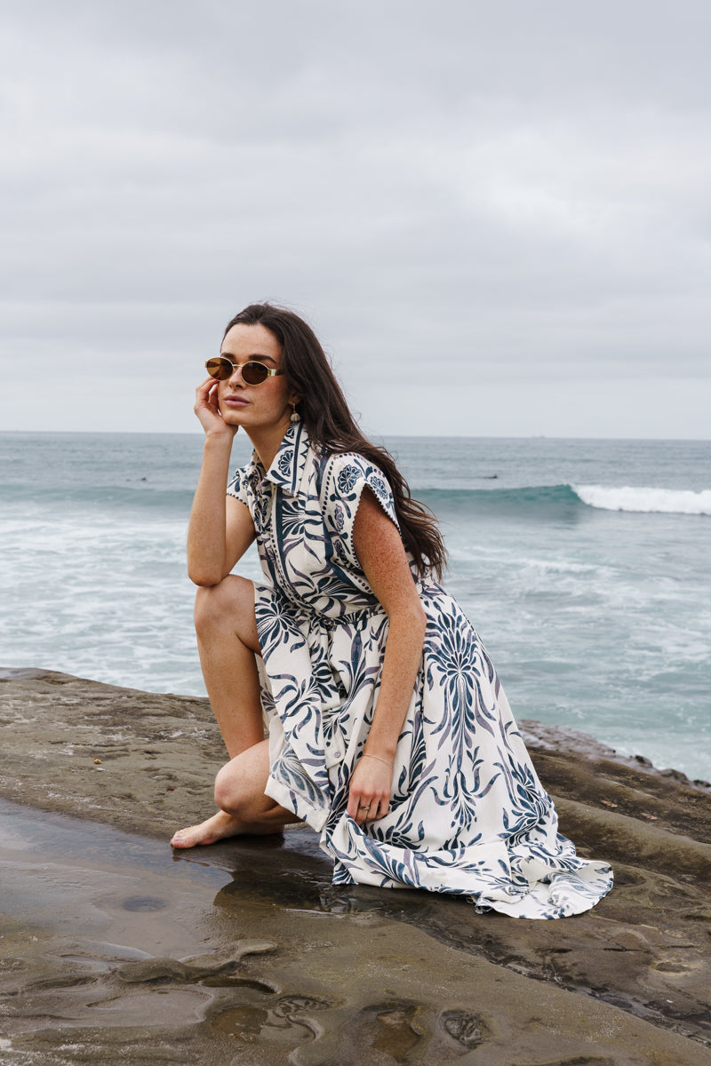 Waitlist 6/25 • Jodi Short Sleeve Waist Tie Damask Print Maxi Dress Blue