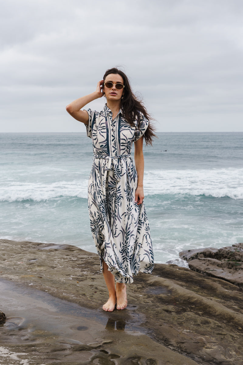 Waitlist 6/25 • Jodi Short Sleeve Waist Tie Damask Print Maxi Dress Blue