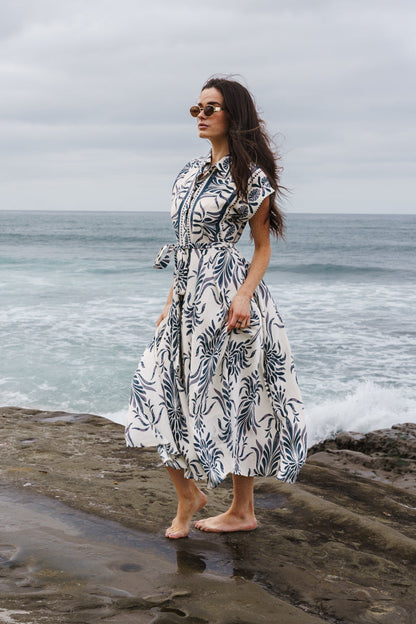 Waitlist 6/25 • Jodi Short Sleeve Waist Tie Damask Print Maxi Dress Blue