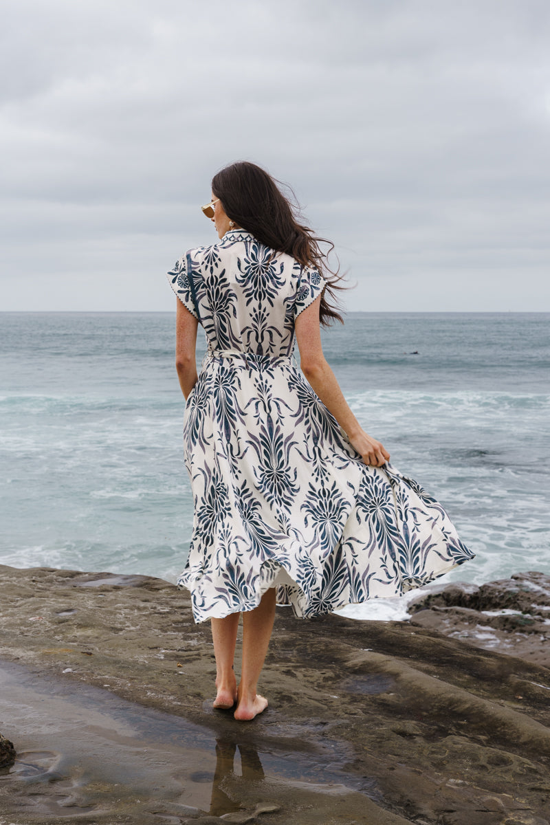 Waitlist 6/25 • Jodi Short Sleeve Waist Tie Damask Print Maxi Dress Blue