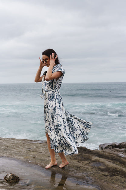 Waitlist 6/25 • Jodi Short Sleeve Waist Tie Damask Print Maxi Dress Blue