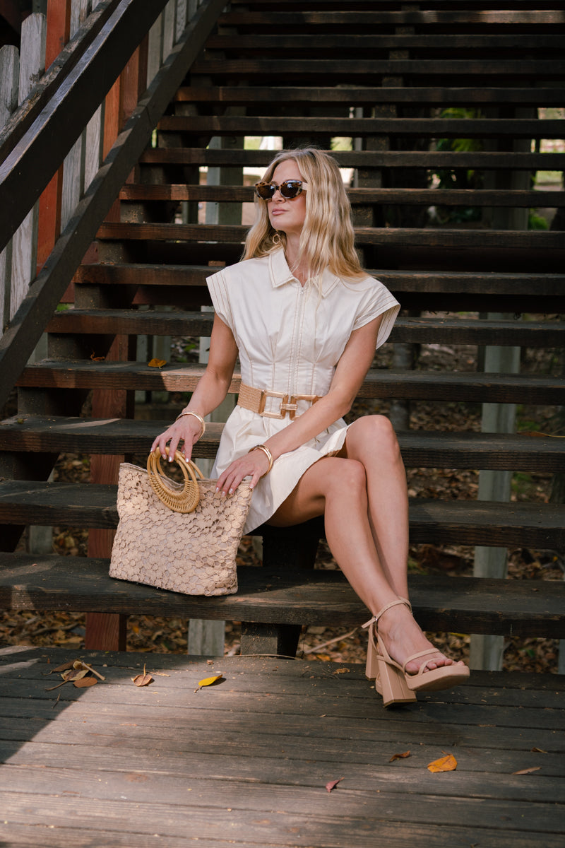 Rayna Sleeveless Contrast Stitch Zip Up Mini Dress Cream
