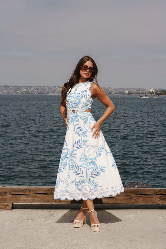 Gianna Sleeveless Cut Out Pretty Botanical Print Midi Dress Blue