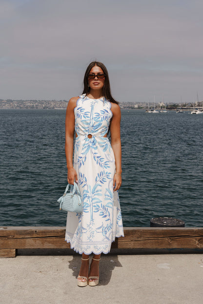 Gianna Sleeveless Cut Out Pretty Botanical Print Midi Dress Blue