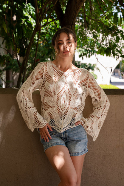 Felicity Long Sleeve Crochet Knit Top Natural
