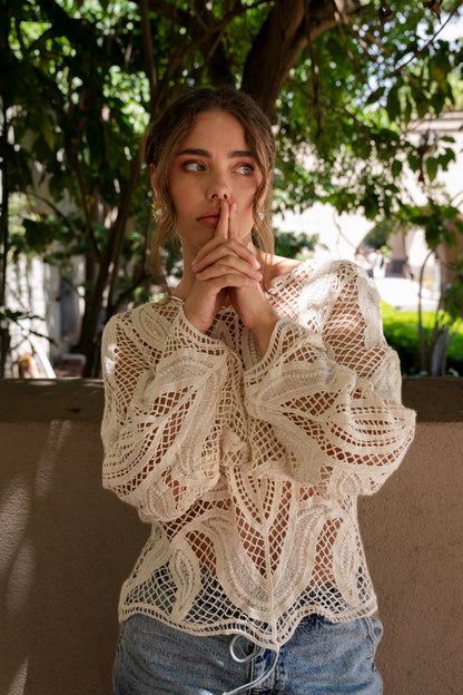 Felicity Long Sleeve Crochet Knit Top Natural