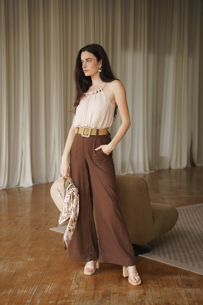 Josephine Sleeveless Pleated Top Beige