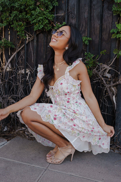 Aviva Flutter Sleeve Floral Print Mini Dress White