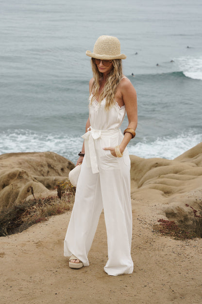 Reba Sleeveless Lace Trim Satin Cami Top White
