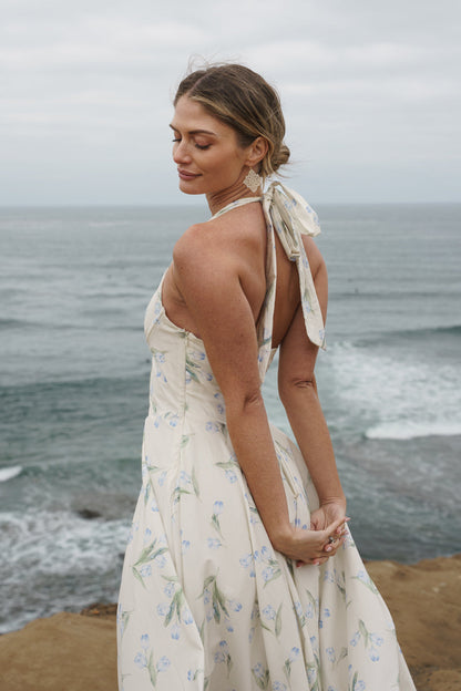 Adalyn Sleeveless Halter Floral Print Midi Dress Blue