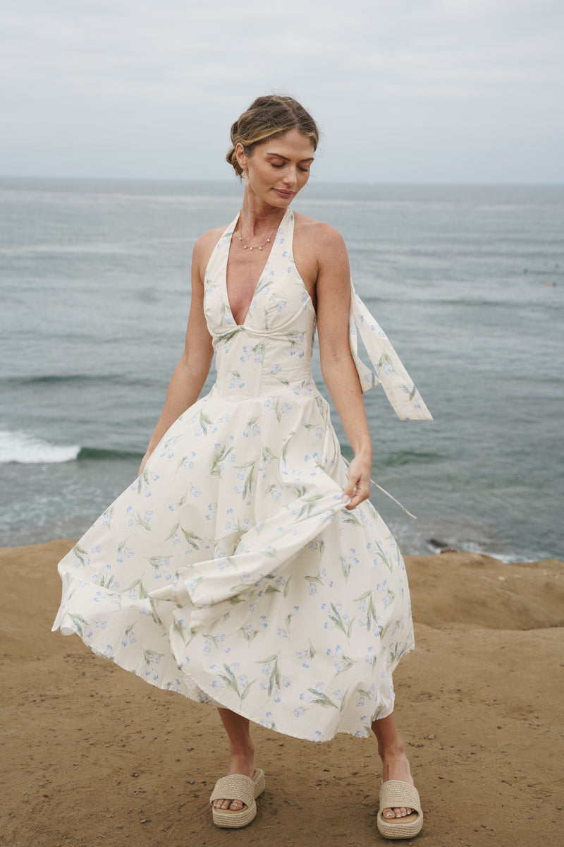 Adalyn Sleeveless Halter Floral Print Midi Dress Blue