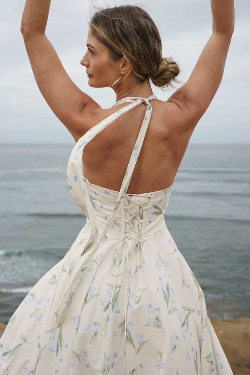 Adalyn Sleeveless Halter Floral Print Midi Dress Blue
