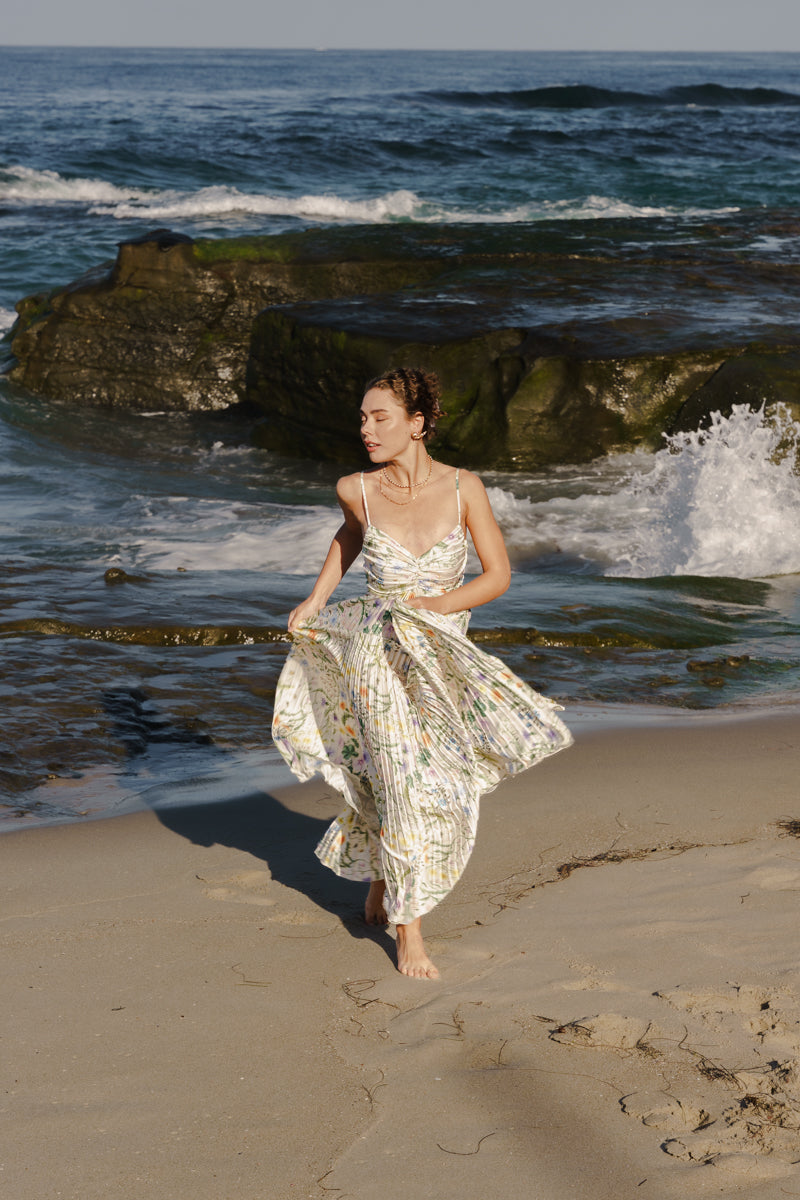 Cambrie Sleeveless Pleated Floral Print Maxi Dress Green