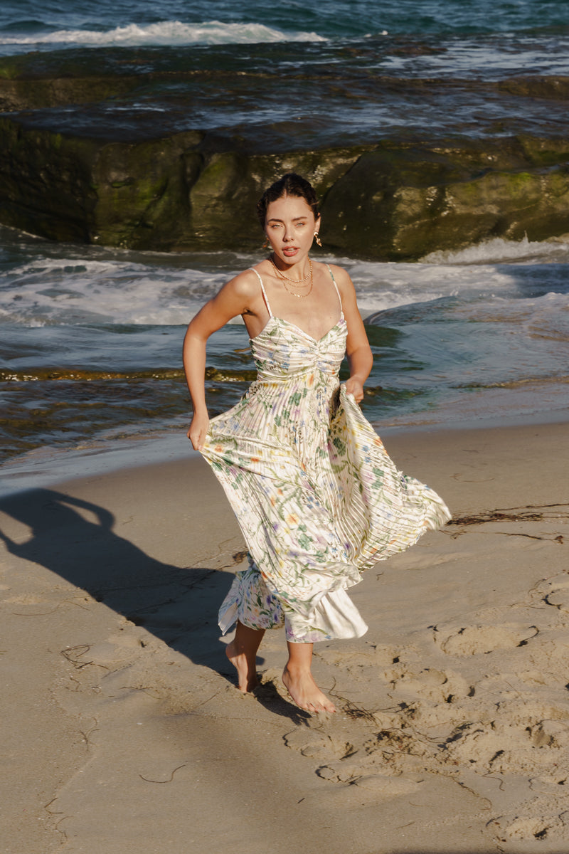 Cambrie Sleeveless Pleated Floral Print Maxi Dress Green